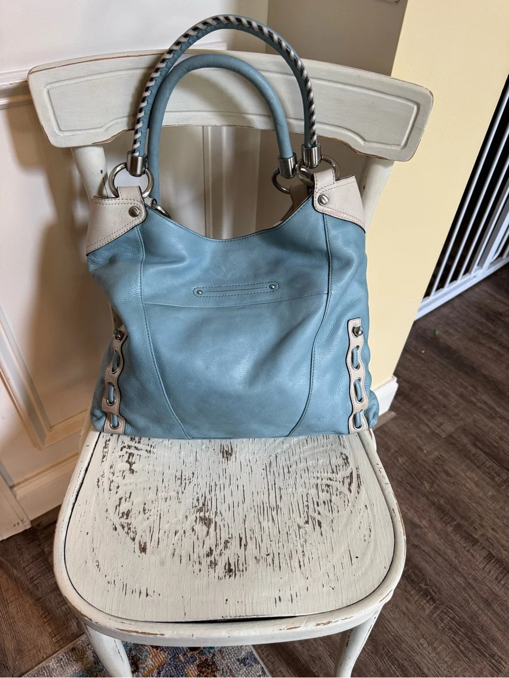 B. Makowsky Women's Light Blue and Cream Leather Tote Bag